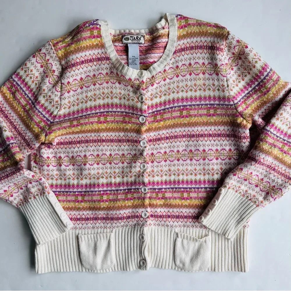 VTG Tiara Cardigan Sweater Fair Isle Pockets Cottagecore Cream Size‎ Petite XL - Picture 3 of 12